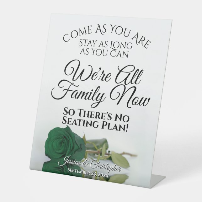Elegant Emerald Green Rose Open Seating Wedding Pedestal Sign (Front)