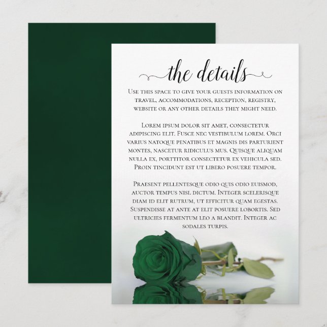 Elegant Emerald Green Rose Wedding Details Enclosure Card (Front/Back)