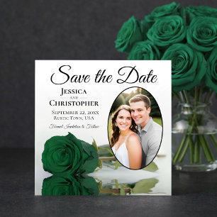 Elegant Emerald Green Rose with Oval Photo Wedding Save The Date