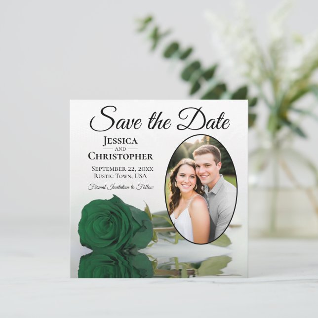 Elegant Emerald Green Rose with Oval Photo Wedding Save The Date (Standing Front)
