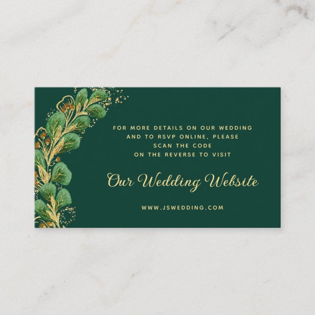 Elegant Emerald Green RSVP Wedding Website QR Code Enclosure Card (Front)