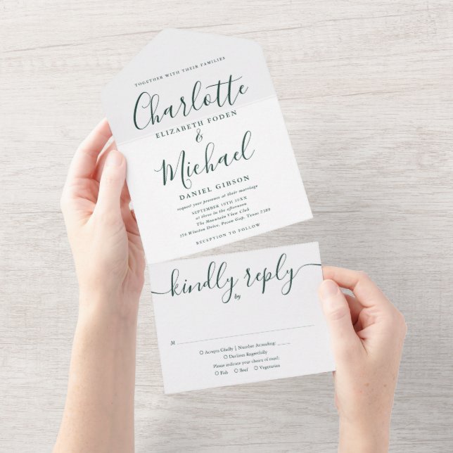 Elegant Emerald Green Script Minimalist Wedding All In One Invitation (Tearaway)