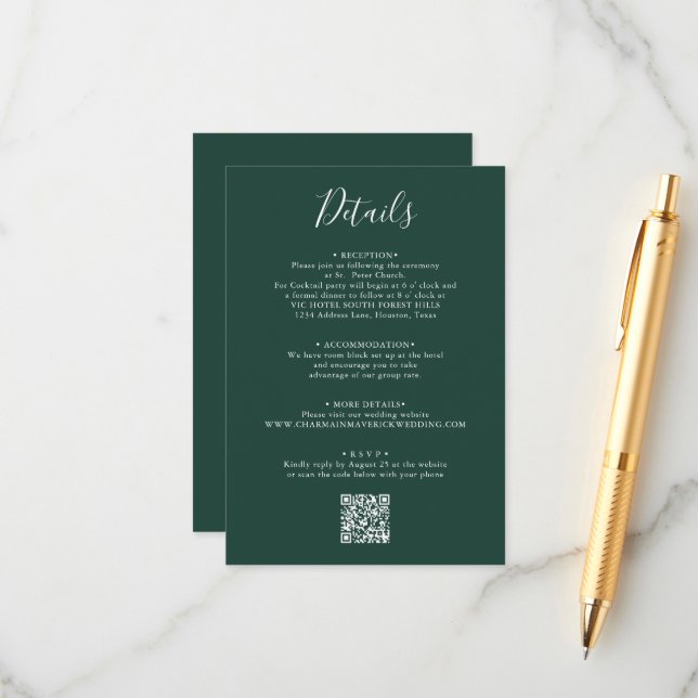 Elegant Emerald Green Script Wedding QR Code Enclosure Card (Front/Back In Situ)