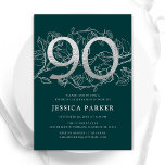 Elegant Emerald Green Silver 90th Birthday Invitation<br><div class="desc">Elegant emerald green silver 90th birthday party invitation. Customizable modern feminine design featuring roses botanical accents and faux glitter silver. Simple floral invite card perfect for a stylish female bday celebration. Personalize with your own details. Printed Zazzle invitations or instant download digital printable template.</div>