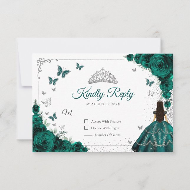 Elegant Emerald Green Silver Quinceanera Reply RSVP Card (Front)