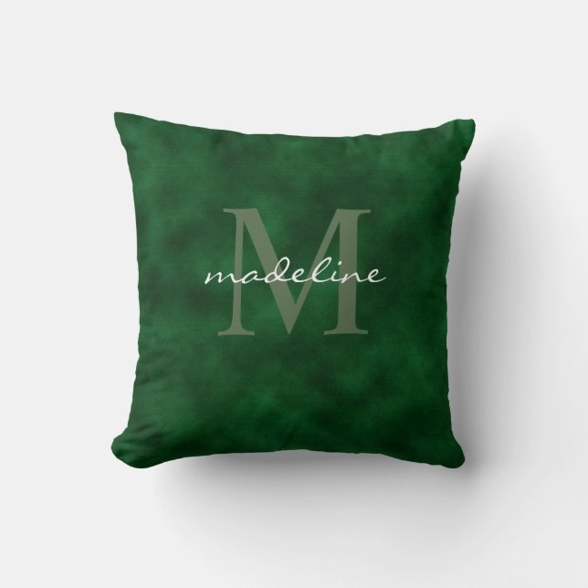 Elegant Emerald Green Velvet Script Monogram Throw Pillow (Front)