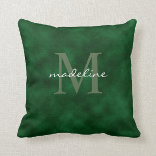 Elegant Emerald Green Velvet Script Monogram Throw Pillow
