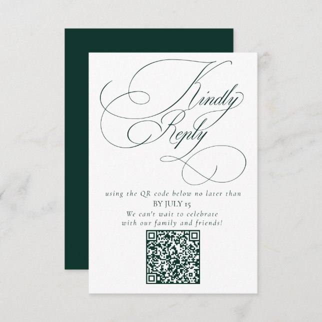 Elegant Emerald Green Wedding QR Code Please Reply RSVP Card (Front/Back)