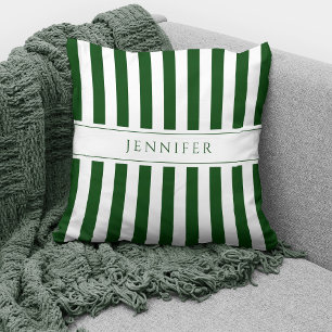 Elegant Emerald Green & White Stripes Pattern Name Throw Pillow