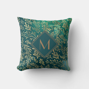 Elegant Emerald Green with Gold Leaves Monogram Throw Pillow