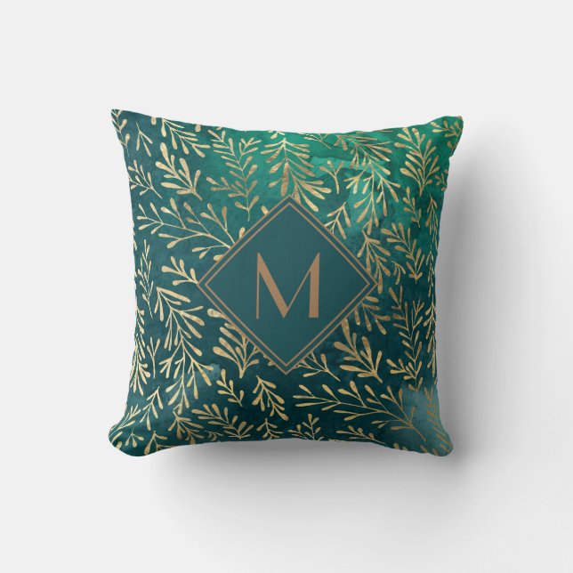 Elegant Emerald Green with Gold Leaves Monogram Throw Pillow (Front)