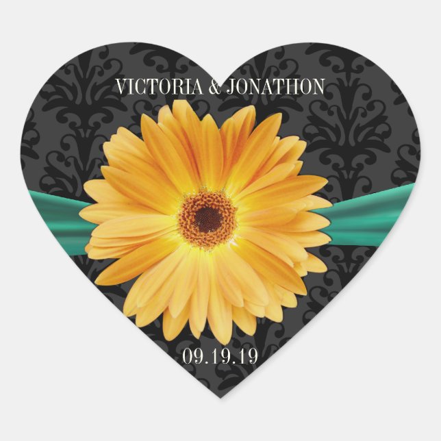 Elegant Emerald Green Yellow Gerber Daisy Wedding Heart Sticker (Front)