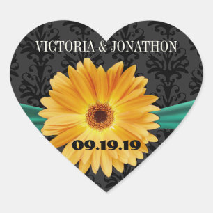 Elegant Emerald Green Yellow Gerber Daisy Wedding Heart Sticker