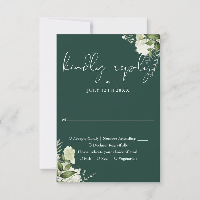 Elegant Emerald Greenery Floral Wedding RSVP Card (Front)