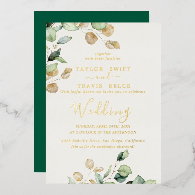 Elegant Emerald Greenery | Gold Foil Wedding  (Front/Back)