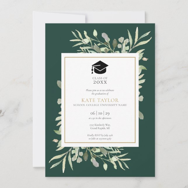Elegant Emerald Greenery Photo Graduation Party In Invitation (Front)