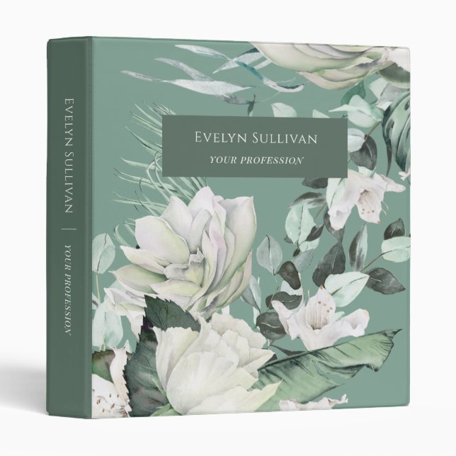 Elegant Emerald Greenery White Flowers Binder (Front/Spine)
