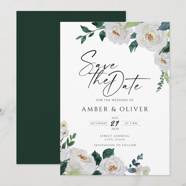 Elegant Emerald Ivory White Floral Save The Date  Invitation (Front/Back)