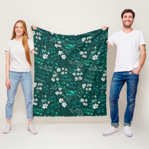 Elegant Emerald Leaf White Floral Pattern Fleece Blanket