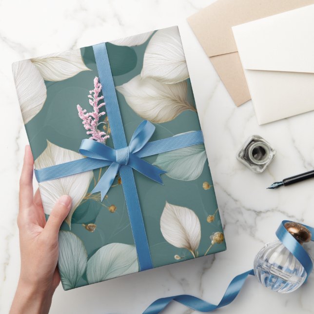 Elegant Emerald Leaf White Floral Pattern Wrapping Paper (Gifting)