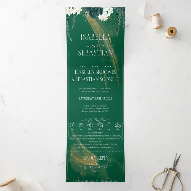 Elegant Emerald Roses All In One Wedding Tri- Tri-Fold Invitation (Inside)