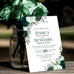 Elegant Emerald & Sage Green Roses Boho Wedding Invitation<br><div class="desc">This beautiful wedding invitation features a gorgeous hand painted watercolor floral design in shades of emerald and sage green. The rustic boho chic roses are surrounded by garden foliage including eucalyptus leaves, sprigs of lavender, and baby's breath. The sophisticated typography includes fancy script calligraphy highlights. The back is a deep...</div>