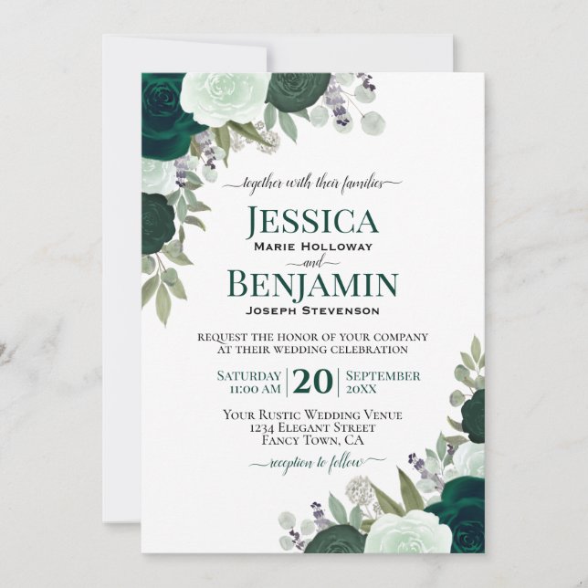 Elegant Emerald & Sage Green Roses Boho Wedding Invitation (Front)