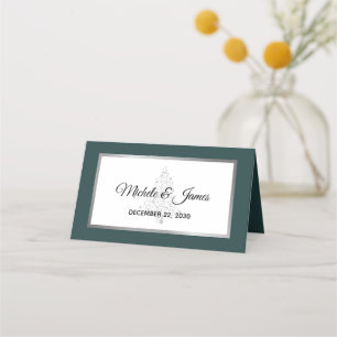Elegant Emerald Silver Winter Holiday Wedding Place Card