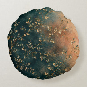 Elegant Emerald Teal & Rust Gold Botanical Throw P Round Pillow
