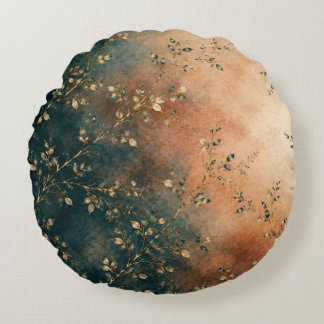 Elegant Emerald Teal & Rust Gold Botanical Throw P Round Pillow