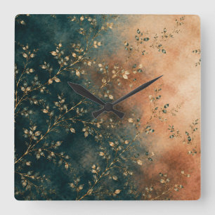 Elegant Emerald Teal & Rust Gold Botanical Throw P Square Wall Clock
