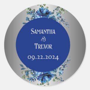 Elegant Enchantment: Monogrammed Silver & Blue Classic Round Sticker