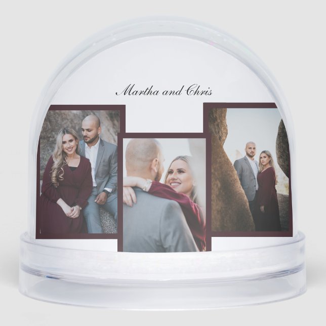 Elegant Engaged Married Script 3 Photo Collage Red Snowglobe (Front)