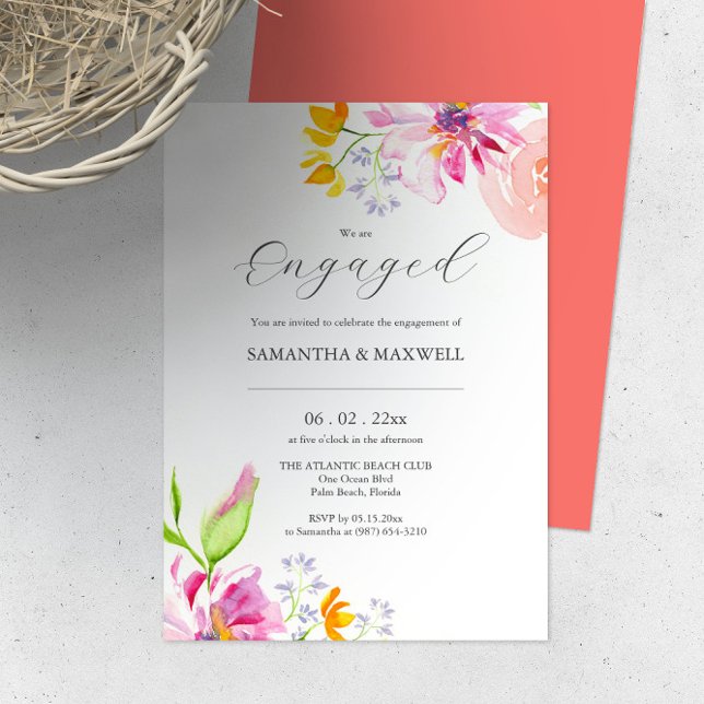 Elegant Engagement Invitations Floral Theme (Engagement party invitations online features unique watercolor floral art by Victoria Grigaliunas)