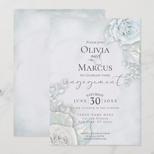 Elegant Engagement Pale Blue Rose Invitation (Front/Back)