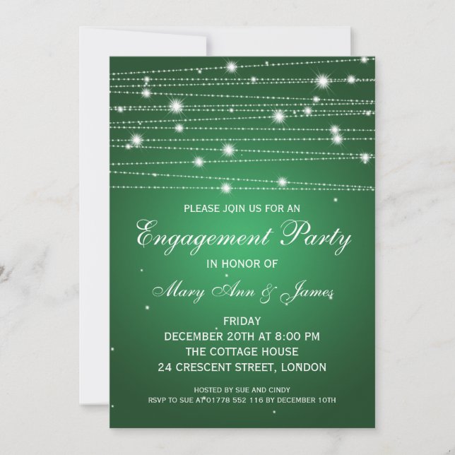 Elegant Engagement Party Sparkling Lines Emerald Invitation (Front)