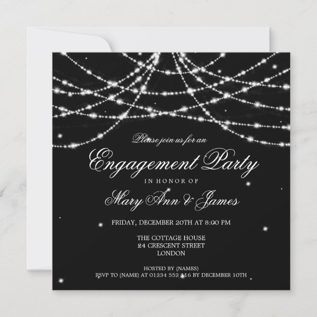 Elegant Engagement Party Sparkling String Black Invitation (Front)