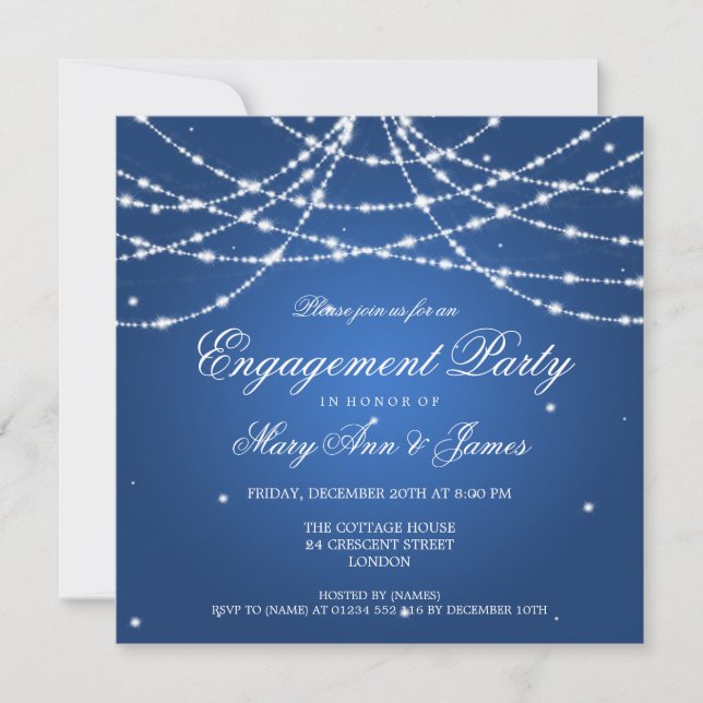Elegant Engagement Party Sparkling String Blue Invitation (Front)