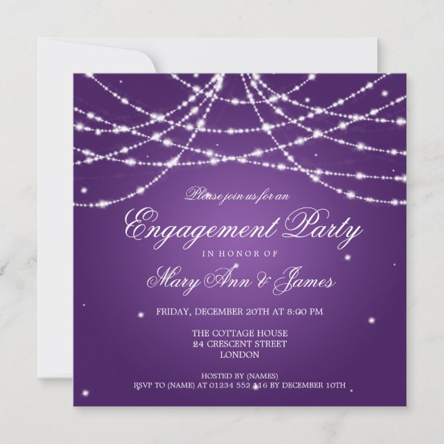 Elegant Engagement Party Sparkling String Purple Invitation (Front)