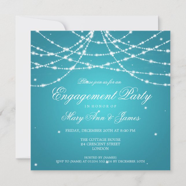 Elegant Engagement Party Sparkling String Turquois Invitation (Front)
