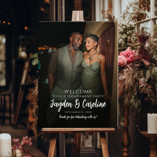 Elegant engagement party welcome sign with photo (Creator Uploaded)