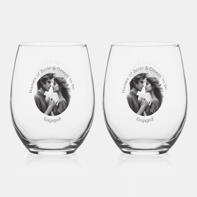 Elegant Engagement Personalized Photo Bride Groom Stemless Wine Glass (Front)