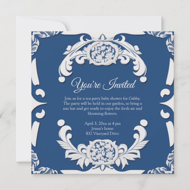 Elegant English China Blue & White Invitation (Front)