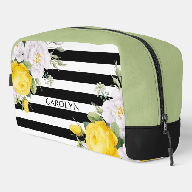 Elegant English Yellow Roses Black White Stripes Dopp Kit (Right Corner)