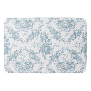 Elegant Engraved Blue and White Floral Toile Bath Mat