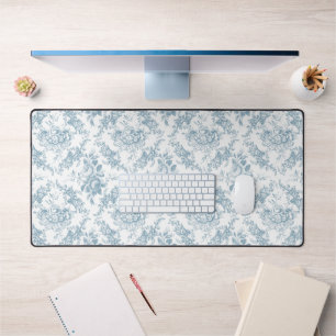 Elegant Engraved Blue and White Floral Toile Desk Mat