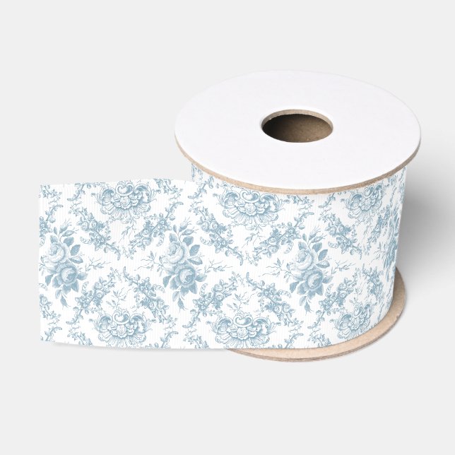 Elegant Engraved Blue and White Floral Toile Grosgrain Ribbon (Spool)