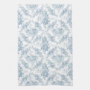 Elegant Engraved Blue and White Floral Toile Kitchen Towel
