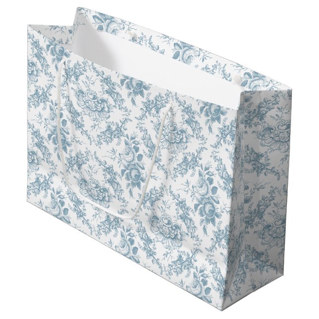 Elegant Engraved Blue and White Floral Toile Large Gift Bag (Front Angled)