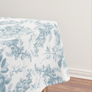 Elegant Engraved Blue and White Floral Toile Tablecloth